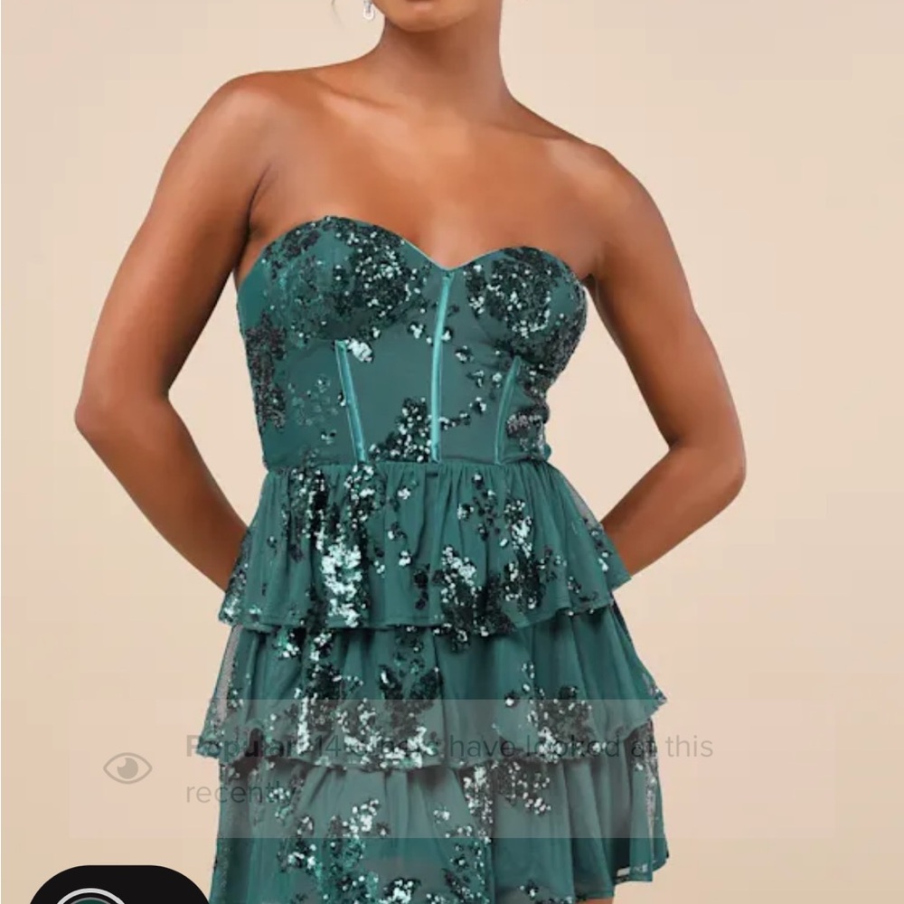 Lulu’s Emerald Mesh Sequin Bustier Tiered Mini Dress